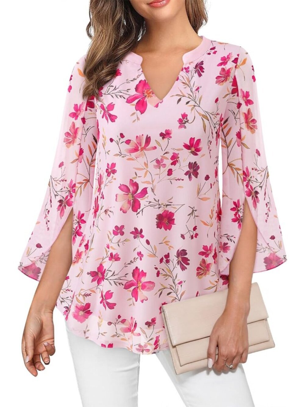 VALOLIA Women's Tops Pink 3/4 Sleeve Floral V Neck Double Layers Mesh Blouses
